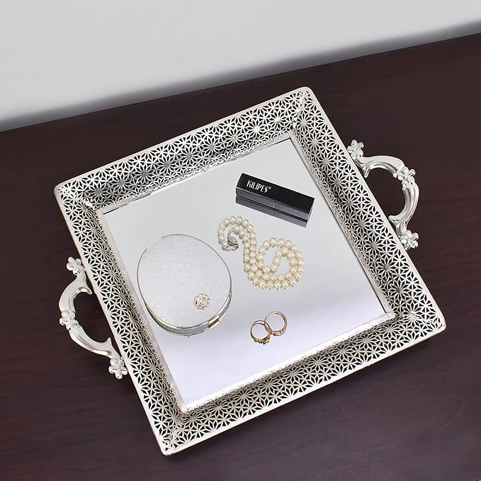 Decorative Glass Mirrored Tray Home Decor Vanity Tray for Dresser Make Up Jewelry Organizer Gold Perfume Tray Rectangle
