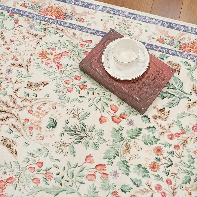 2x3 Entryway Rug Washable Non-Slip - Soft Low Pile Botanical Small Area Rug for Kitchen Bedroom - Boho Floral Indoor Door Mat with Rubber Backing (Cream, 2x3)