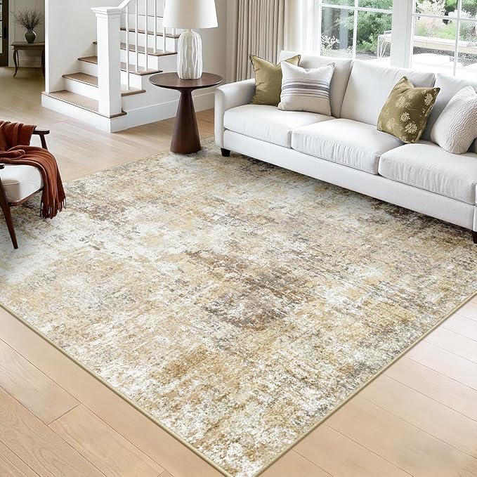 RELEANY Washable Area Rugs Square 8ft Non-Slip Modern Abstract Soft for Living Room Entryway Bedroom Nursery, Print Pattern, Neutral Brown Gray