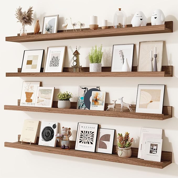 Heimlove Picture Ledge Shelf,36 inch Long Floating Shelves for Wall Set of 4,Picture Shelf with Lip for Wall Decor,Living Room,Bedroom,Bookshelf,Nursery,Perfume,Walnut Color