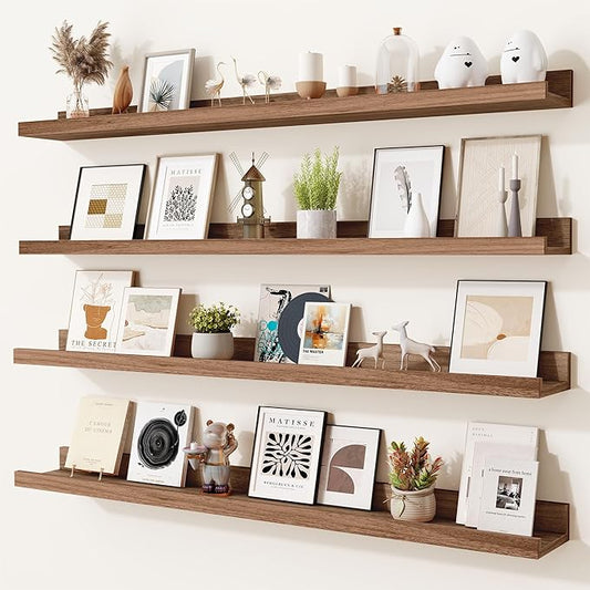 Heimlove Picture Ledge Shelf,36 inch Long Floating Shelves for Wall Set of 4,Picture Shelf with Lip for Wall Decor,Living Room,Bedroom,Bookshelf,Nursery,Perfume,Walnut Color