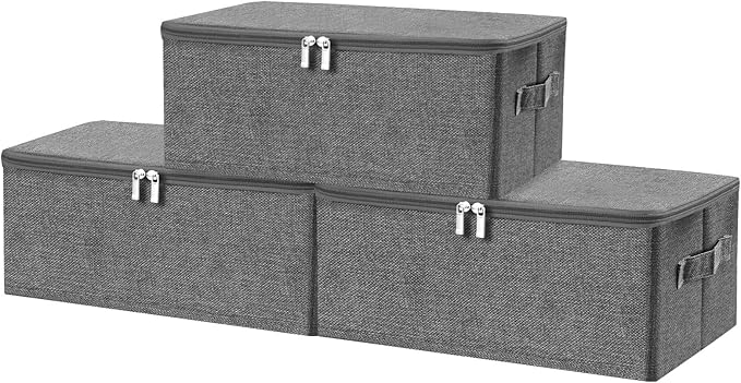 ANMINY 3PCS Storage Bins with Zipper Lids 13 Qt Lidded Fabric Storage Boxes Baskets Cubes with Handles Collapsible Washable Cotton Linen Closet Shelf Clothes Organizer Containers - Gray, Small