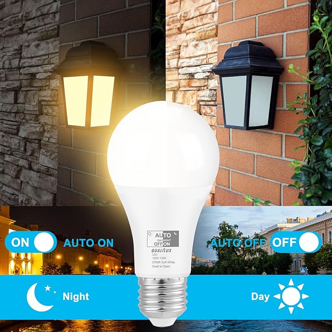 Qualilux Dusk to Dawn Light Bulbs, Auto On/Off Light Sensing LED Bulbs Outdoor, Soft White, A19 2-Pack, 12W 1000LM 75W Equivalent, HQ-H021