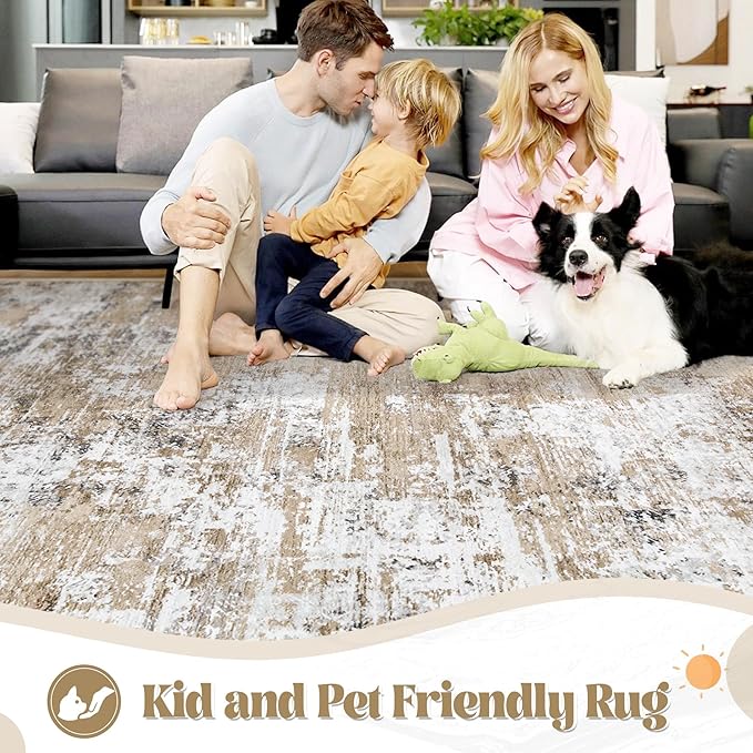 XLUEZ 9x12 Area Rug for Living Room, Washable Modern Abstract Large Area Rug Neutral Soft Non Slip Kids Rug Stain Resistant Indoor Carpet for Bedroom Dining Room Playroom Office(Beige, 9'x12')
