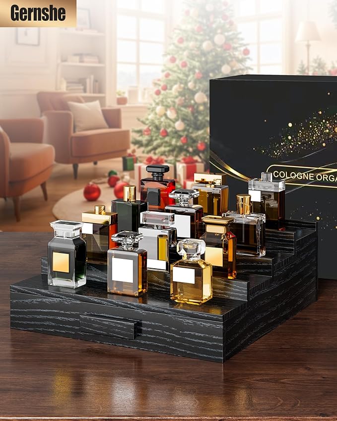 Solid Walnut Cologne Organizer for Men,Cologne Stand,4 Tier Wooden Cologne Holder Shelf Display,Perfume Stand Organizer with Drawer and Hidden Compartment,Gift for Men Dad Husband,Black