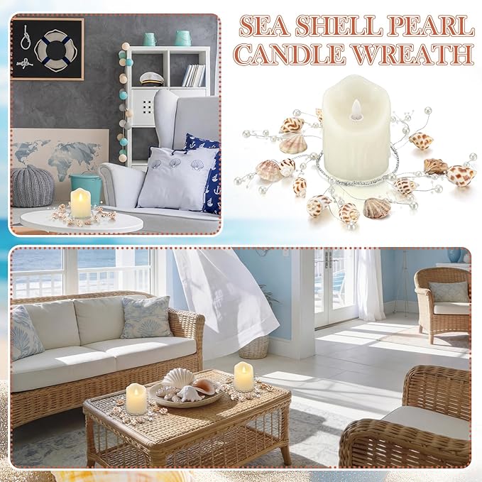 Daifunli 2 Pcs Summer Sea Shell and Pearl Candle Ring Artificial Sea Shell and Pearl Wreaths for Pillar 3.9 Inch Candles Holder for Summer Country Wedding Kitchen Rustic Table Centerpiece Decor