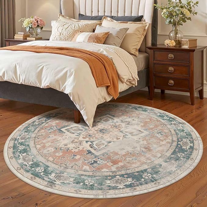 Rugxara 4ft Circle Rug, Soft Round Boho Rug, Washable Non Slip Area Rug for Living Room, Bedroom, Dining Room, Entryway, Round Rugs for Home, Patio, Office, Kids Room, Coral(Blue&Orange)