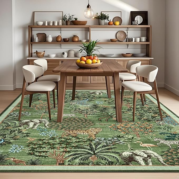 GarveeHome Jungle Animal Print Rug 6x9 Washable Area Rugs for Living Room, Forest Rug Non Slip Low Pile Stain Resistance Large Throw Carpet for Bedroom Dining Room Kids Playroom Nursery, Forest Green