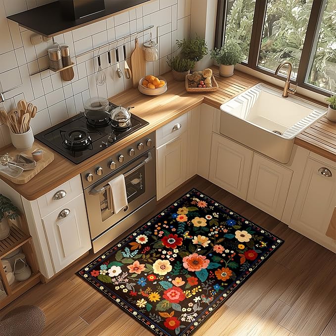RELEANY Floral Nursery 2x3 Area Rugs Washable Print Boho Cute Carpet Non Slip Flower Low Pile for Living Room Kids Girls Playroom Bedroom Kitchen Office Farmhouse-Black