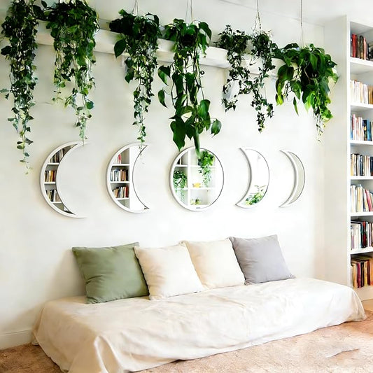 5-piece Set of Moon Phase Mirror Decorations in Nordic Style, Acrylic Mirror paired with Wooden Combination, Bohemian Style Living Room Bedroom Home Decoration, White (White)