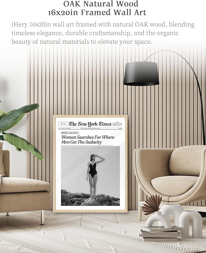 iHery Framed Trendy NewsPaper Wall Art, Large 16x20in Canvas Wall Art,Beige OAK Wood Retro Vintage Magazine Artwork,Woman Searches For Where Men Get The Audacity,Bedroom Bathroom Decor 1Pack