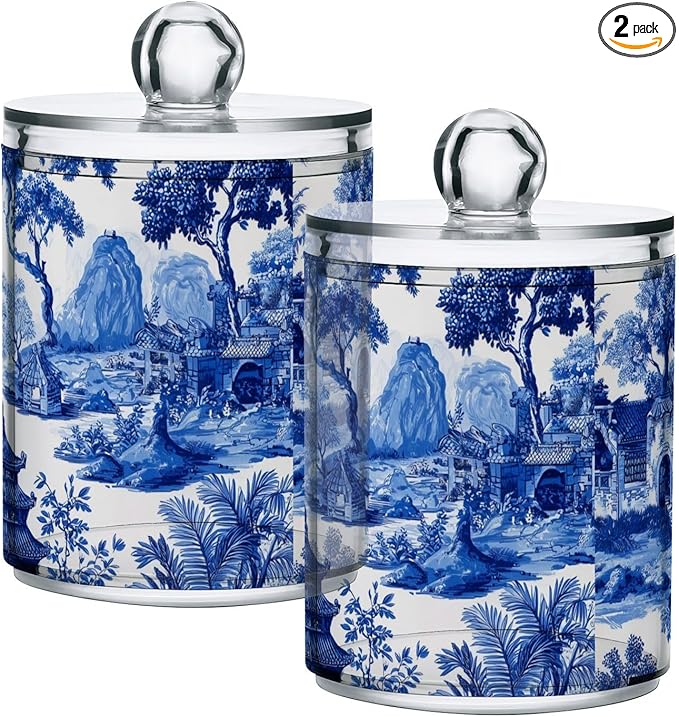 2 Pack Apothecary Jars Blue Chinoiserie Pagodas Trees Bathroom Vanity Storage Organizer Set,Small Clear Plastic Storage Jars Bathroom Canister for Cotton Swabs, Rounds, Balls, Qtips,Makeup Spon