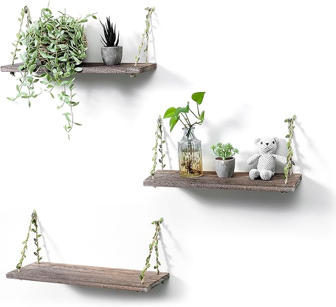 MITIME Leaf Rope Hanging Floating Shelves, Wall Swing Storage Shelf for Home Decor.17, 3-Pack (Retro Color)