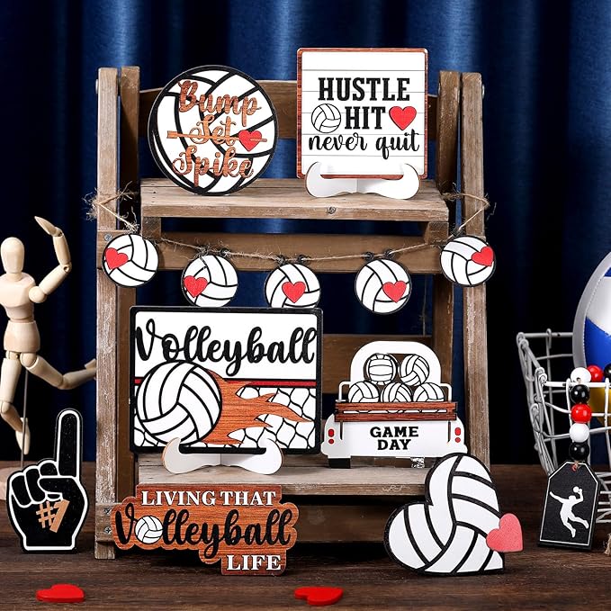 13 Pcs Volleyball Tiered Tray Decor Wooden Volleyball Table Centerpieces Decor Rustic Wooden Sport Game Sign for Fans Theme Party Supplies