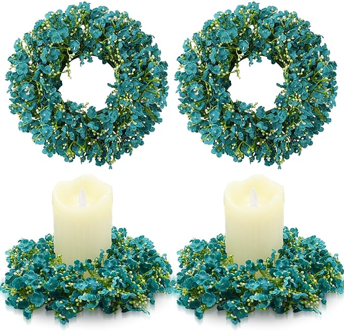 Daifunli 2 Pcs Baby's Breath Candle Rings Artificial Peacock Blue Floral Wreaths for Pillar 3.9 Inch Candles Holder for Spring Summer Home Office Wedding Rustic Table Centerpiece Decor