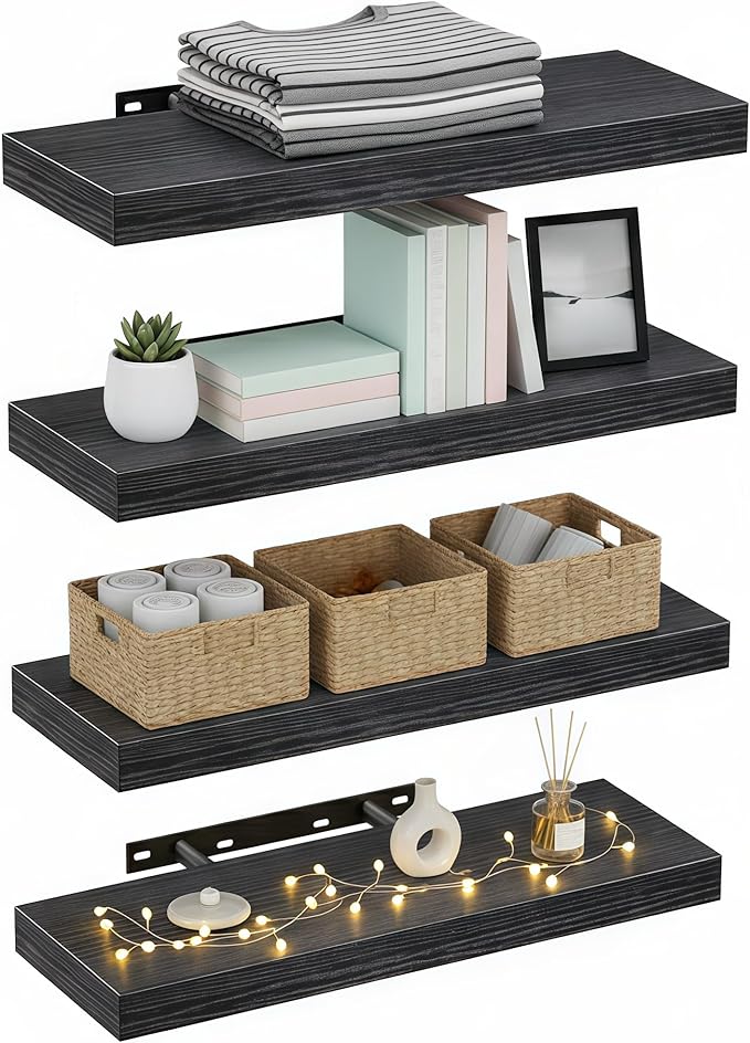 Lufia Floating Wall Shelves, Set of 4, MDF with Invisible Brackets, Modern Storage for Bedroom, Bathroom, Living Room, Kitchen (Black, 15.8" W x 5.5" D x 1.2" H)