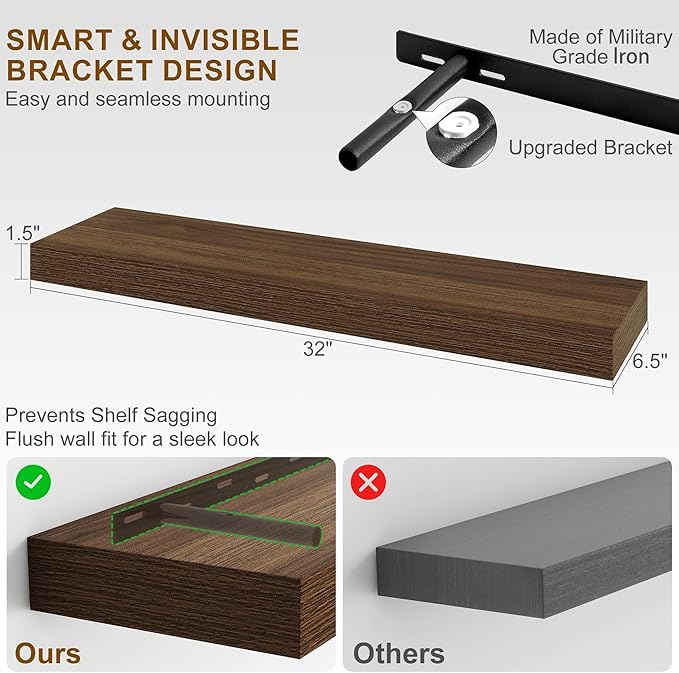 Fun Memories Floating Shelves for Wall, 32Inch Floating Shelves Set of 2, Hanging Shelf with Invisible Brackets, Wood Shelves for Living Room, Bedroom, Kitchen, Walnut