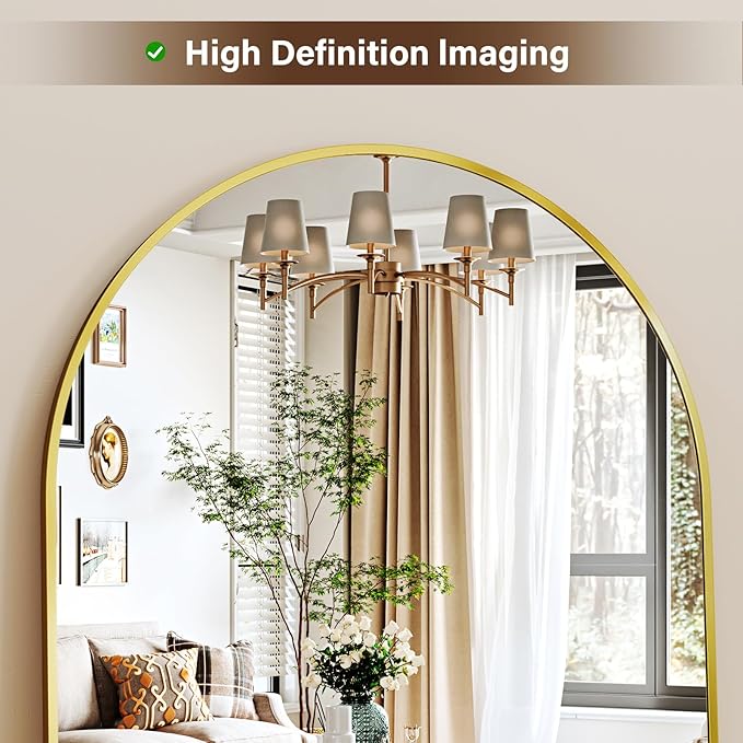 XRAMFY 78"x38" Arched Full Length Mirror with HD Real Glass, Aluminum Frame, Shatter-Resistant, Wall Mounted or Standing, Gold Floor Mirror for Bedroom & Dressing Room