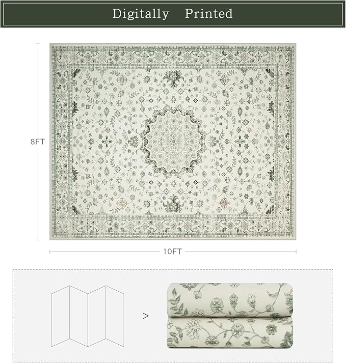Srugn Washable Rugs 8x10 Area Rugs for Living Room,Rugs for Bedroom,Large Carpets,Ultra Soft Faux Wool Retro Dining Room Rug,Non Slip&Non-Shedding Low Pile Vintage Print Rug for Home Office-Green