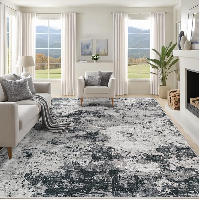 XLUEZ 8x10 Area Rugs for Living Room, Washable Modern Abstract Large Area Rug Neutral Soft Non Slip Kids Rug Stain Resistant Indoor Carpet for Bedroom Nursery Dining Room Playroom(Black, 8'x10')