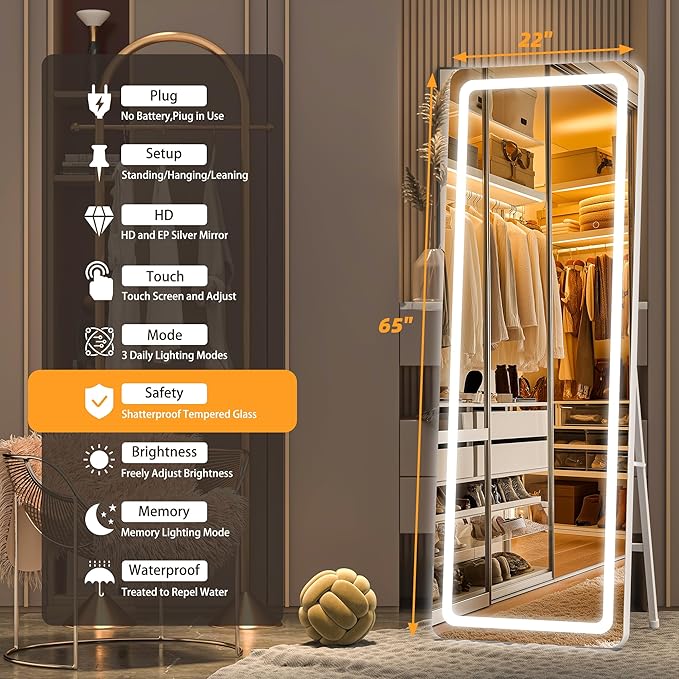Hasipu Full Length Mirror with Lights, 65" x 22" LED Floor, Full Body Dressing Standing, Hanging Mounted Mirror, Round White
