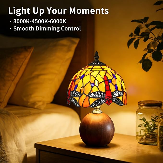 12.2" Tiffany Style Lamp, Handcrafted Dragonfly Stained Glass Table Lamp with Weighted Solid Wood Base, 3-Color Dimmable Bedside Nightstand Light for Bedroom & Living Room, LED Bulb Included