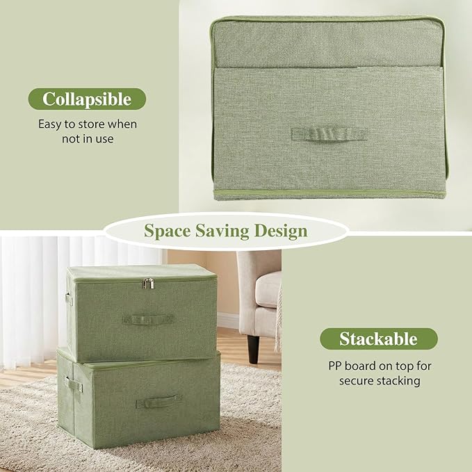 ANMINY Storage Bins with Zipper Lids 13 Qt Lidded Fabric Storage Boxes Baskets Cubes with Handles Collapsible Washable Cotton Linen Closet Shelf Clothes Organizer Containers - Green, Small