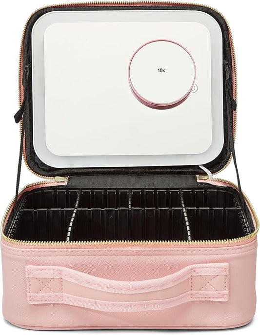 (Case Pink) Portable Travel Case Makeup Organizer Storage Bag Makeup Case Makeup Bag With Led Light Mirror