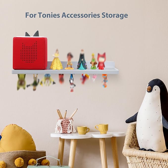 PHOENANCEE for Tonies Shelf Magnetic,for Toniebox Figures Storage Display Shelf (30-36 Character),Wall Floating Shelves Wooden,Compatible Charging Station for Children Kid's Room,Oak,Gray White