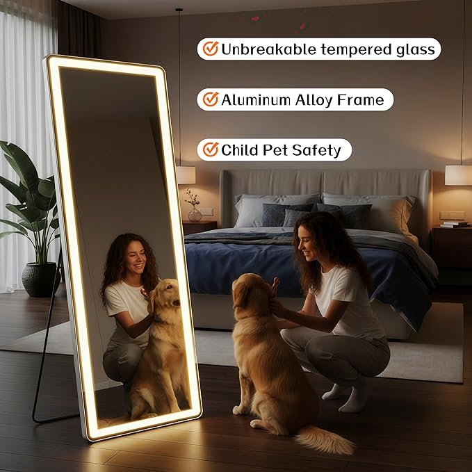 Full Length Mirror with LED Lights 65"x24"Rectangle Full body mirror with Stand Aluminum Alloy Frame, Tempered Glass Floor Mirror with Dimming&3 Color Lighting for Bedroom Dressing Room Silver