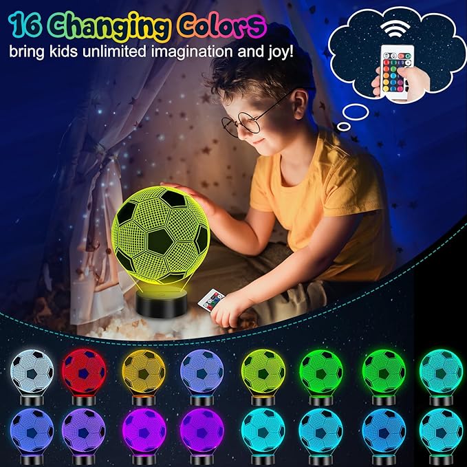Linkax Soccer Gifts for Teens Boys Girls, Soccer Ball 3D Illusion Lamp Night Light Room Decor, 16 Colors Change 6 7 8 9 10 11 12 Year Old Boy Sports Fan Birthday Gifts