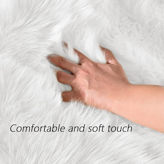 Latepis White Faux Fur 4'x5'10" Area Rug, Soft Plush Faux Fur Sheepskin Rugs for Living Room, Washable Fluffy Fuzzy Rug for Bedroom and Living Room, Luxury Room Decor, Rectangle