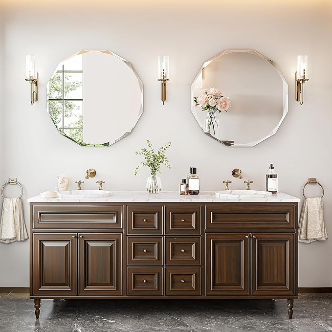24 Inch Faceted Round Mirror for Wall Decor, Diamond-Cut Beveled Circle Vanity Mirror, Solid Backed Sparkle Frameless Mirror for Powder Room & Entryway, Art Deco Style