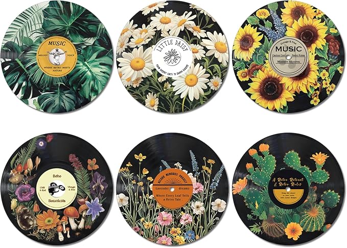 Chunful 6 Pake 12 Inch Vintage Records Wall Decor Aesthetic Retro Record Wall Decor for Dorm Bedroom Living Room Art Display Rock and Roll Music Hippie Party Records Decorations(Botanical)