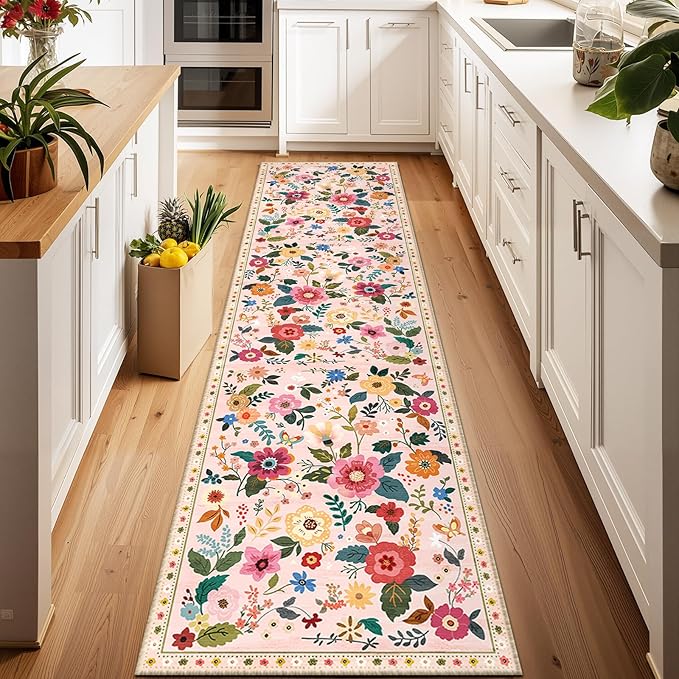 RELEANY Floral 2x6 Area Rug Machine Washable Soft Print Boho Carpet Non Slip Doormat Low Pile Flower Area Rugs for Living Room Bedroom Nursery Kitchen Dining Room Indoor-Pink