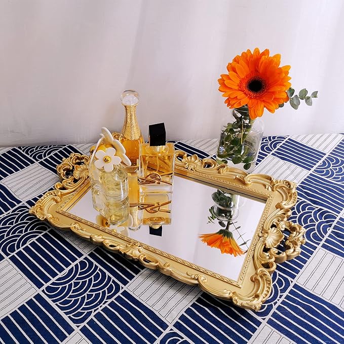 Shell Rectangle Decorative Mirror Tray, French Style, Makeup Organizer, Jewelry Organizer, Serving Tray, 9.3"x 14.9", Gold