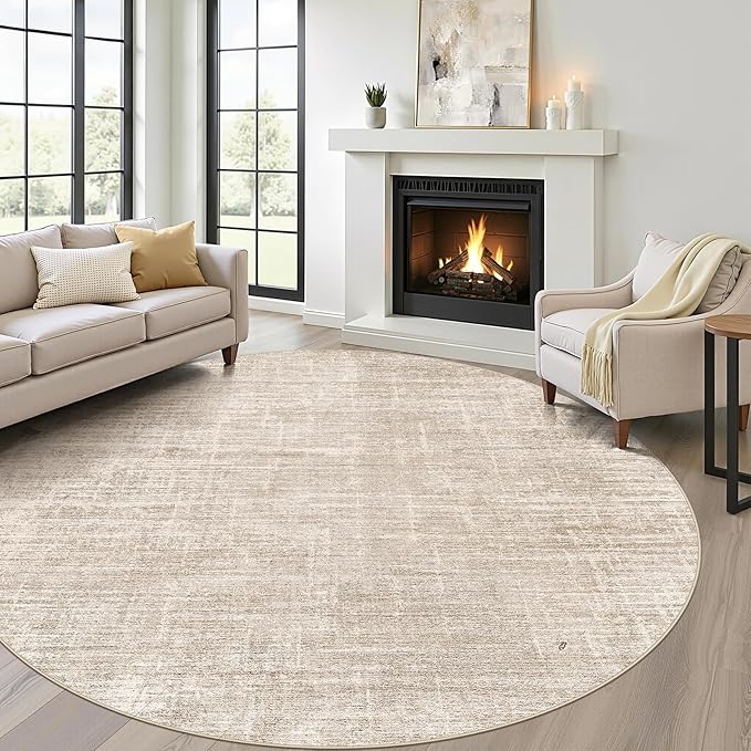 7ft Round Rug Living Room: 7x7 Washable Large Neutral Beige Circle Area Rug Abstract Soft Modern Stain Resistant Indoor Floor Non-Slip Carpet for Bedroom Nursery Kids Office Playroom Dining Room