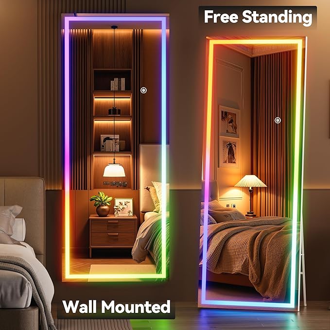 Hasipu 75"x28" LED RGB Bluetooth Full Length Mirror with Lights, Full Body Mirror with Stand, Wall Mount & Free Standing Floor Mirror for Bedroom Living Room Cloakroom, 7 Color & Brightness Adjustable