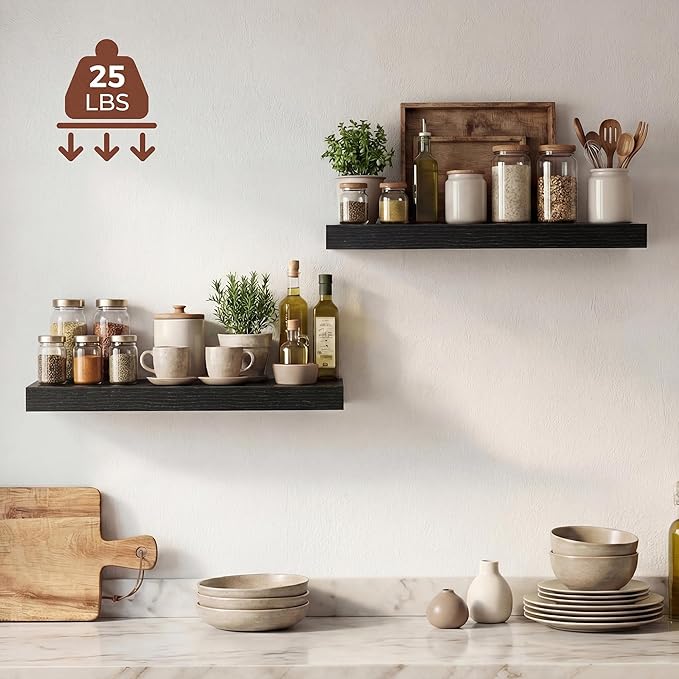 Dreamland 20 Inches Floating Shelves for Wall, 9.3" Deep Long Floating Shelves Set of 2, Large Display & Storage Shelf, Wall Shelf for Bathroom Bedroom Living Room Kitchen Office, Black