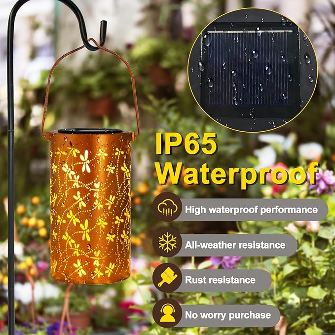 DIBIEECN Mothers Day Gifts for Mom, Birthday Gifts Grandma Ladies Solar Lanterns Outdoor Hanging Hollowed-Out Metal Waterproof LED Garden Decor Outside for Patio Yard Porch, Dragonfly, 2Pack