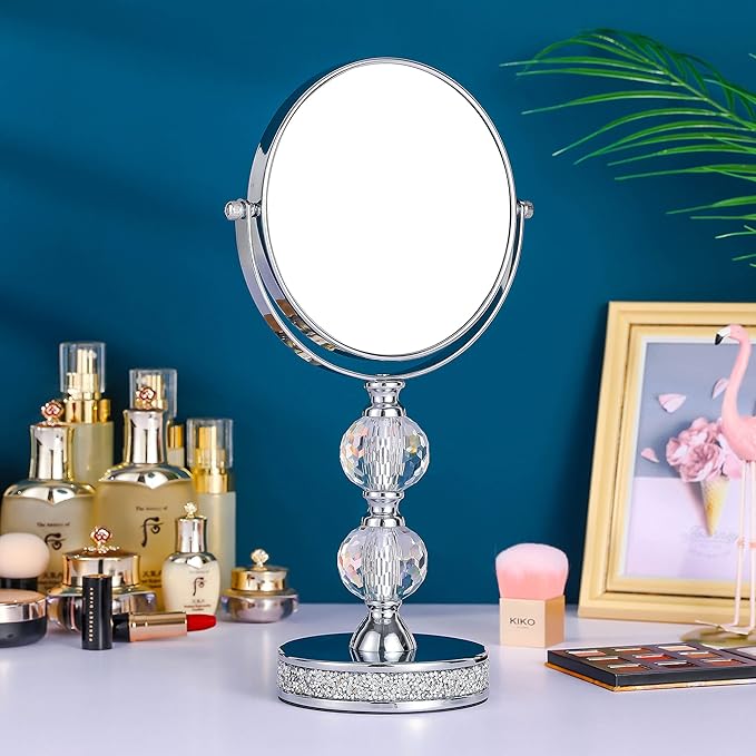 Hanjue Makeup Mirror, 360 Degree Swivel Vanity Mirror, Crystal Cosmetic Mirror, 1X/5X Magnifying Double Sided Mirror,Adjustable Makeup Mirror M020