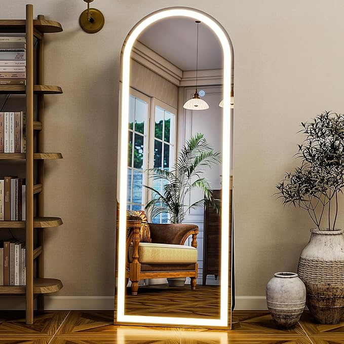 GLSLAND 20"x56" Arched LED Full Length Mirror with Lights – Wall Mounted or Standing Full Body Mirror for Bedroom/Cloakroom – Dimmable with 3 Color Lighting Modes