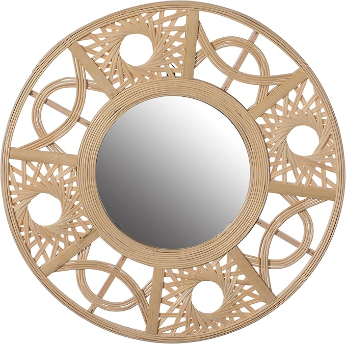 Vintiquewise Boho Bamboo Hanging Wall Mirror, Round Asymmetrical Vintage Rattan Mirror for Wall Decor, Nursery, Living Room, Playroom, Unique Small Coastal Mirror