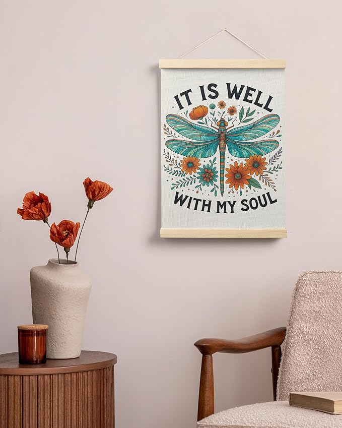 FGFK Floral Dragonfly Christian Wall Art Poster Hanger Frame, It Is Well with My Soul Bible Verse Religious Canvas Prints Framed Wall Decor for Home Bedroom Office Church, 12x16 Inch