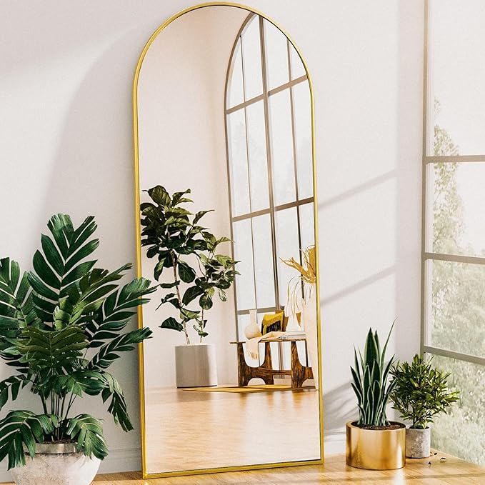 Full Length Mirror, 58"x19" Arched Floor Mirror Freestanding, Floor Standing Full Body Mirror with Stand for Bedroom, Hanging Mounted for Living Room Cloakroom, Gold