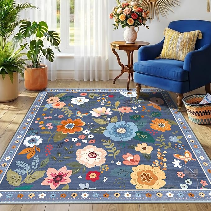 RELEANY Floral Nursery Square 5ft Area Rugs Washable Print Boho Cute Carpet Non Slip Flower Low Pile for Living Room Kids Girls Playroom Bedroom Kitchen Office Farmhouse-Blue/Grey
