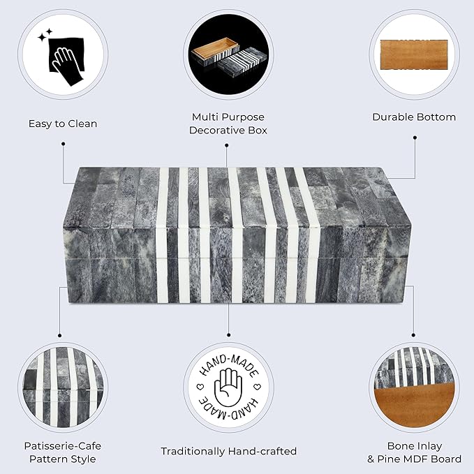 Handicrafts Home Decorative Storage Box with Lid, Patisserie Cafe Stripe Pattern Coffee Table Storage Box Organizer, Wooden Keepsake Jewelry Box, Kitchen Counter Console Box, Grey & White, 10x4.5x2.5