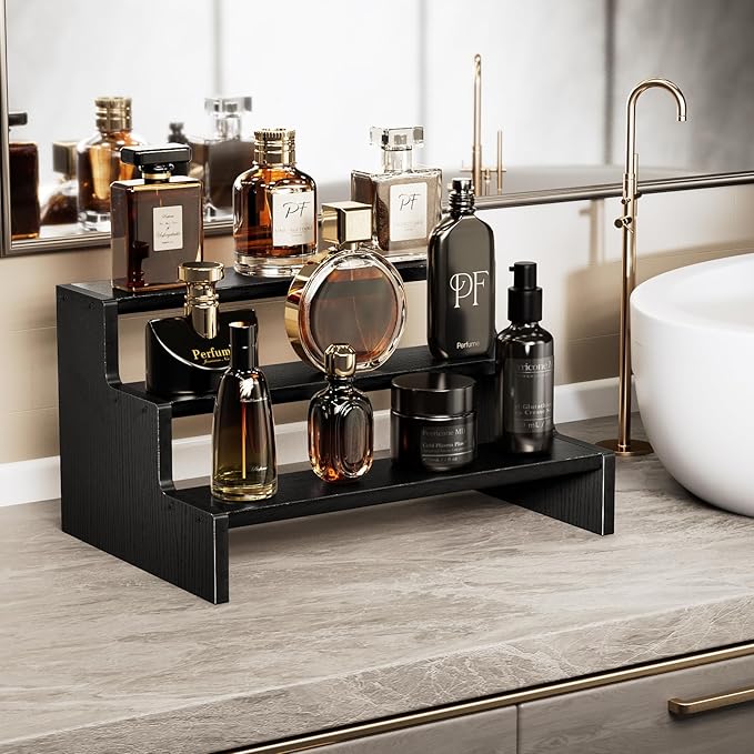 ProCase Wooden Cologne Organizer for Men, 3 Tier Perfume Organizer, Mens Cologne Stand Holder Storage, Display Riser Shelf Rack for Fragrances Candles Cosmetics Cupcake Figure Spice -Black