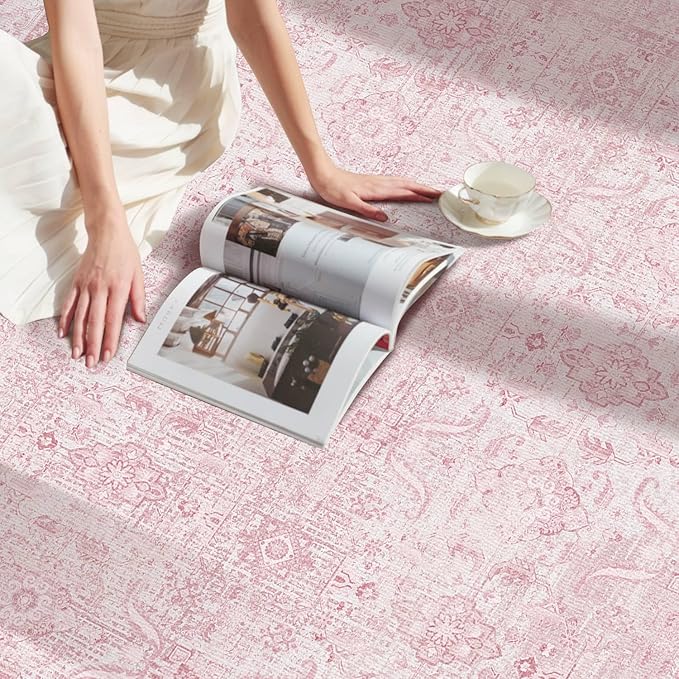 Rugxara 6x9 Area Rugs for Living Room Bedroom, Pink Large Washable Neutral Rug, Vintage Floral Retro Boho Non Slip & Low Pile Carpet for Indoor Dining Room, Classroom, Dorm, Nursery and Kids Room