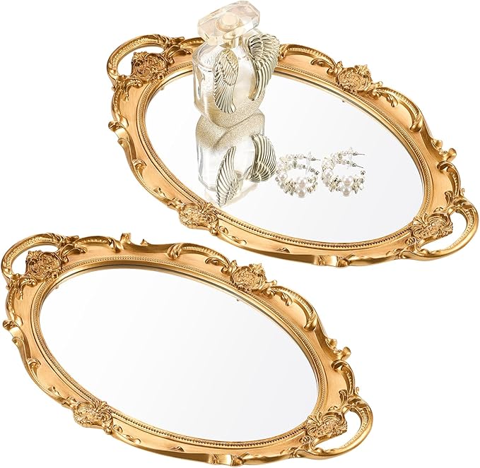 Reallnaive 2 Pcs Vintage Mirror Tray 15.3 x 9.45 Inch Decorative Antique Framed Mirror for Makeup Perfume Jewelry Organizer Serving Tray(Gold,Ornate)
